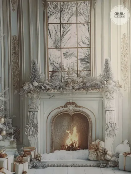 A cozy, white Christmas fireplace setup, perfect for creating magical holiday family photos and festive baby portraits.