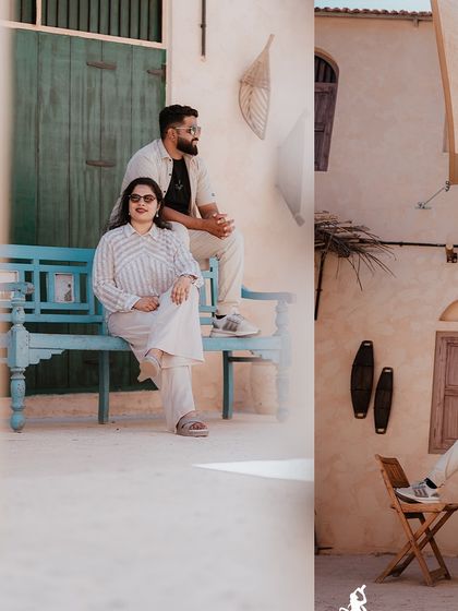 A collage of a couple posing on a bright blue bench, their neutral outfits complementing the colorful, rustic architecture.