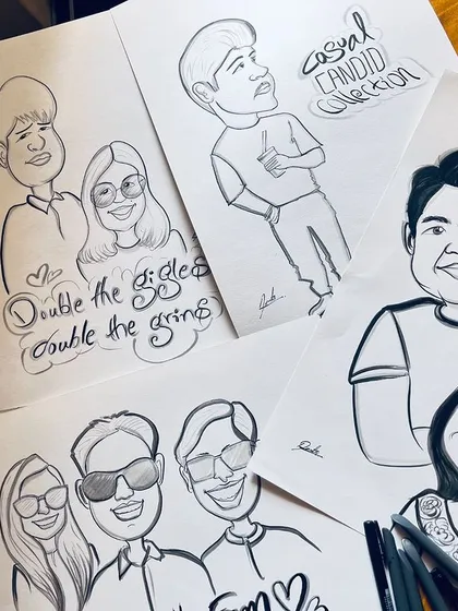 A whole collection of smiles. This shows the variety of custom caricatures I can create, from single portraits to fun couple and family drawings.