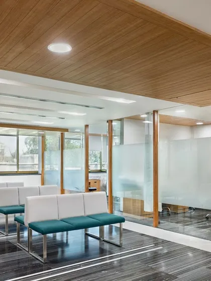 Waiting rooms are the start of the healing journey. Here, we used warm wood tones, frosted glass for privacy, and comfortable seating to create a serene environment that eases anxiety and connects seamlessly to the doctor's cabin.