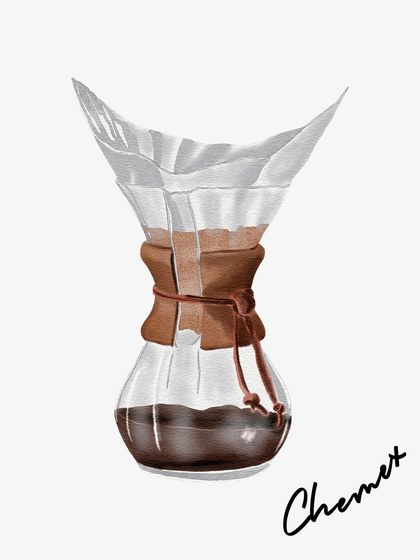 A beautiful watercolor illustration of a Chemex brewer. Its elegant design is matched by the clean, pure coffee it produces.