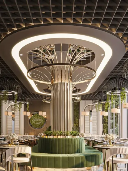 For this restaurant, I designed a central seating area around a striking metallic column that branches out across the ceiling. The combination of green velvet, custom lighting, and a grid ceiling creates a sophisticated and memorable fine dining atmosphere.
