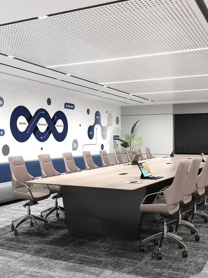 This large, modern boardroom is designed for impactful decision making. Featuring a custom conference table, integrated technology, and brand-centric wall graphics, the space combines professional aesthetics with complete functionality, ensuring every meeting is productive.