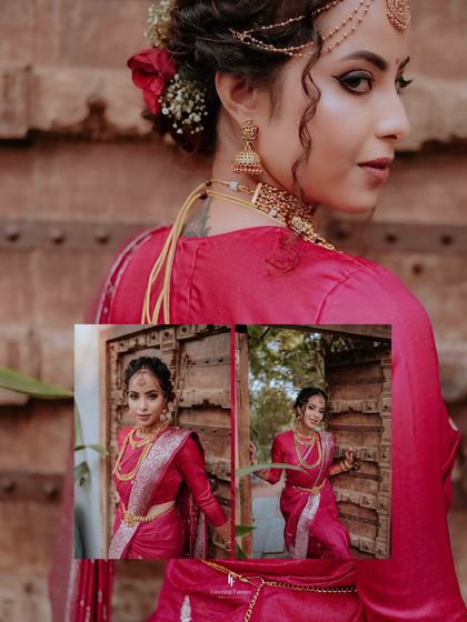 A collage showing the bride in a beautiful pink saree, framed by a rustic wooden door.