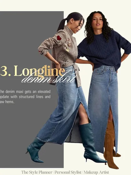 Which skirt style are you adding to your 2025 shopping list? The longline denim skirt is getting an elevated update with structured lines and raw hems.