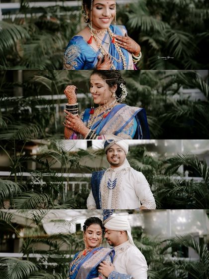 This collage showcases both individual portraits and couple shots against a natural, green backdrop. It highlights the bride's jewellery and the couple's coordinated blue and white outfits.