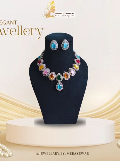 A vibrant multi-color version of my elegant stone necklace set. This is a great option when you want a single piece of jewellery that can match multiple outfits.