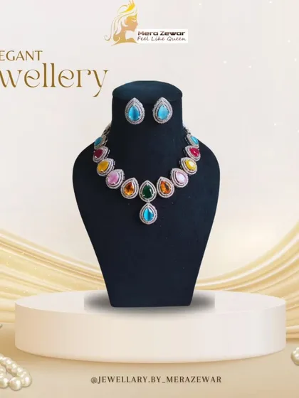 A vibrant multi-color version of my elegant stone necklace set. This is a great option when you want a single piece of jewellery that can match multiple outfits.