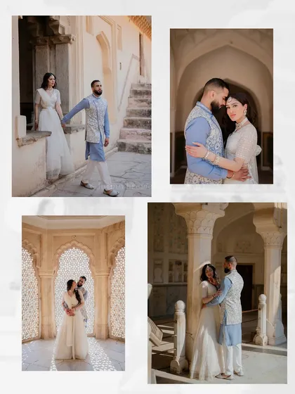 A collage of Amrit and Gagan's pre-wedding shoot, showing various poses within the corridors and jharokhas of Amer Fort, highlighting the architectural beauty.