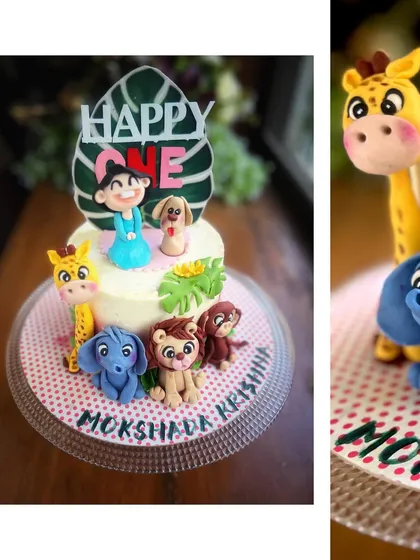 A collage of the jungle cake for Mokshada, showing different angles and the "Happy One" topper.
