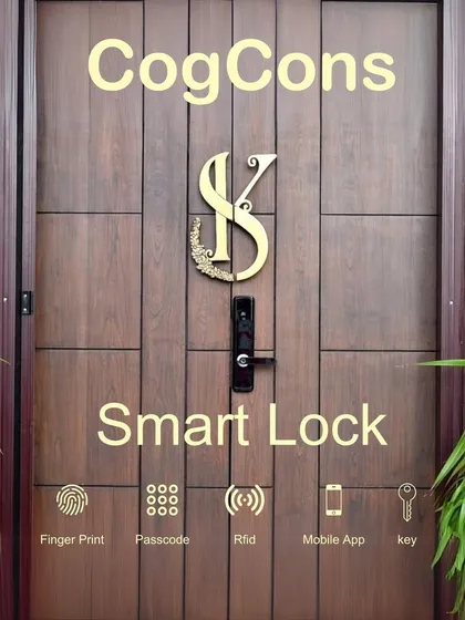 Secure the main entrance to your home with our heavy-duty smart door lock. This image displays the five convenient access methods we offer: fingerprint scan, a secure passcode, RFID card, mobile app control, and a traditional key for backup.