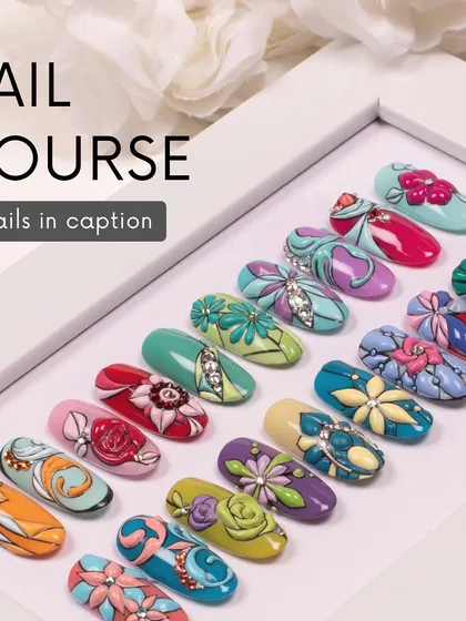 An image advertising my nail course, featuring a collection of my colorful 3D floral art.