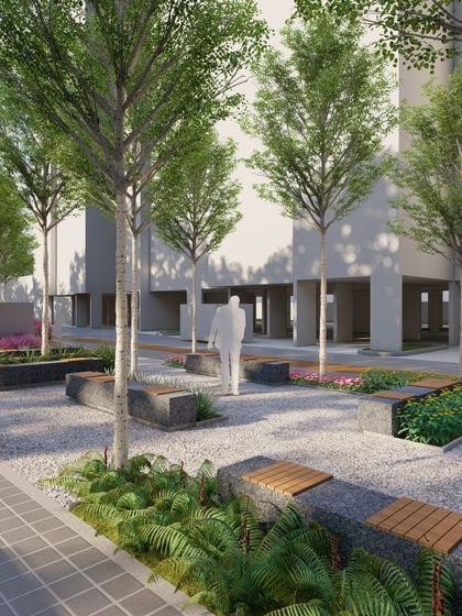 A duplicate image of the urban seating plaza, offering another angle on the arrangement of planters and benches to encourage social interaction.