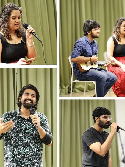 A collage showcasing the variety of talent, from storytelling to music, at a collab open mic.