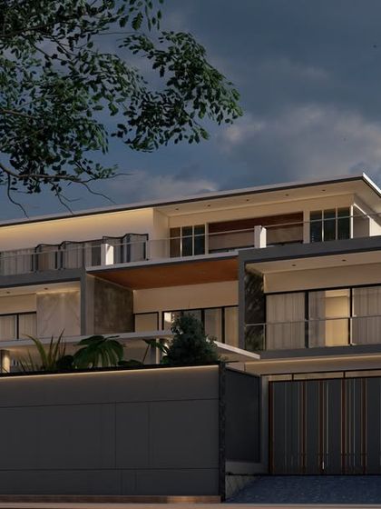 A different angle of the "Zen Oasis" residence, highlighting the depth of the facade and the various balconies and terraces that provide private outdoor spaces for the inhabitants.