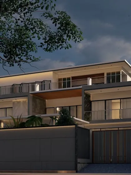 A different angle of the "Zen Oasis" residence, highlighting the depth of the facade and the various balconies and terraces that provide private outdoor spaces for the inhabitants.