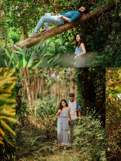 Reinventing the pre-wedding shoot with playful and natural poses. These images show the couple interacting casually in a lush, green environment, resulting in authentic and fun photographs.