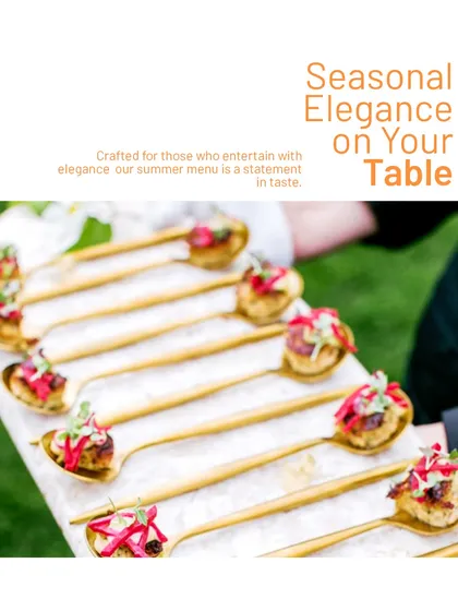 We bring seasonal elegance to your table. This image shows bite-sized appetizers served on elegant golden spoons, a perfect example of our sophisticated canapés for summer parties.