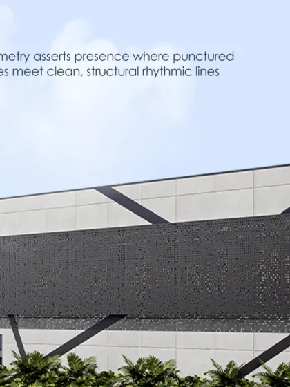 This industrial facade reads like a quiet statement, where geometry asserts its presence. Punctuated planes meet clean, structural rhythmic lines, creating a dynamic yet orderly appearance.