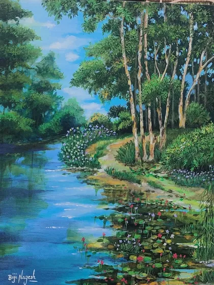 I painted this serene landscape of the Lalbagh lake on-site, capturing the calm water and the lush greenery. This piece shows my love for bringing nature's tranquility indoors. If you have a favorite natural spot, I can capture its essence on canvas for you.