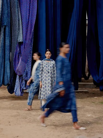 Using motion blur to create a dynamic scene with hanging indigo fabrics. This shot adds a sense of life and movement to the campaign.