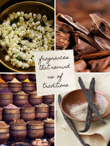 My Scented Traditions collection is a bridge between past and present. This mood board shows the inspiration behind the fragrances: traditional elements like jasmine, oud, market spices, and vanilla that remind us of our heritage.