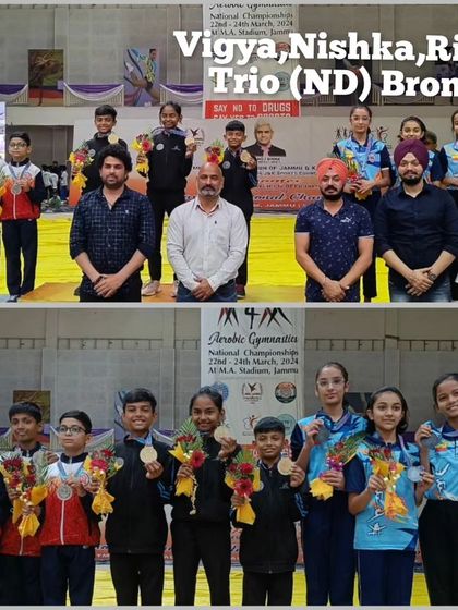 More moments of triumph from various competitions, showcasing our gymnasts with their medals, trophies, and proud coaches.