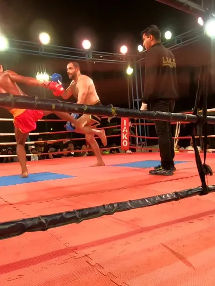Be kind, be humble, but be a beast in the ring. Our champion demonstrates this philosophy with a powerful kick during his title fight.