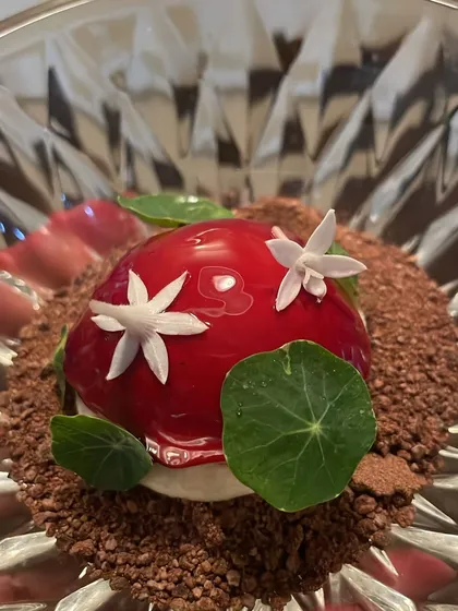 Another beautiful angle of the Goose Liver Bonbon, a technically challenging and rewarding canapé to make.