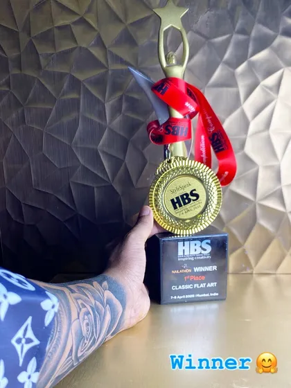 It's an honor to be recognized for my craft. Here I am holding my 1st place award for Classic Flat Art from HBS India, a testament to the passion and precision I pour into every single nail set.