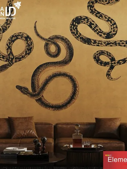 Step into a world of luxury with this bold snake-themed wallpaper. The large-scale, coiling serpents on a warm ochre background make a powerful and sophisticated statement, perfect for an unforgettable interior.