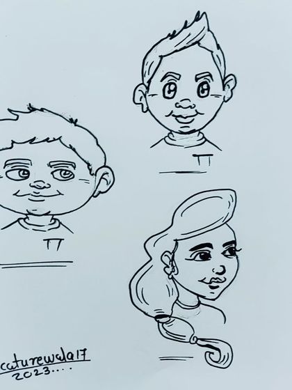 Here are the finished ink versions of the character sketches. You can see how the rough pencil ideas are refined into clean, confident caricatures with bold outlines.