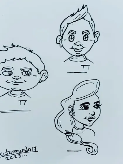 Here are the finished ink versions of the character sketches. You can see how the rough pencil ideas are refined into clean, confident caricatures with bold outlines.
