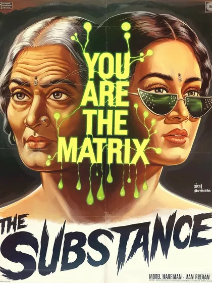 A poster I designed inspired by the film 'The Substance', reimagined as a 70s Indian sci-fi horror movie. I enjoy creating these cross-cultural fan art pieces.