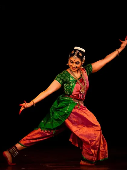 A powerful stance from my performance at the Narada Gana Sabha. The stage is a space of immense learning and energy, and this image captures the strength and grace I aim to bring to every traditional Bharatanatyam piece.
