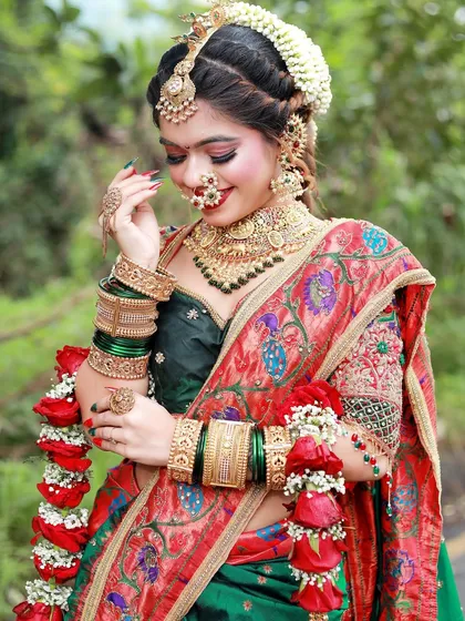 The smile of a happy bride is the best reward. This student-created look captures the joy and beauty of a traditional Maharashtrian wedding.