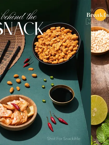 A dark, moody, and sophisticated styling for a snack brand. Using a deep green background, chopsticks, and scattered chili peppers, I created an Asian-inspired theme that feels premium and intriguing.