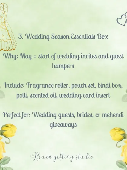 An idea board for May gifting, featuring a "Wedding Season Essentials Box" with items like a fragrance roller, bindi box, and potli.