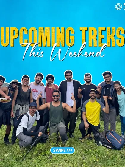 A group of trekkers ready for their weekend adventure. Swipe to see our upcoming treks and join the excitement.