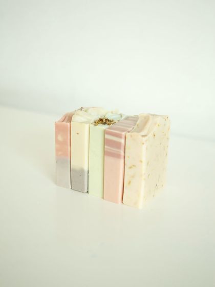 Another view of the assorted soap stack, from Lavender Patchouli to Jasmine Calendula.