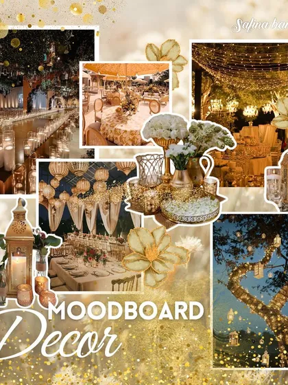 A decor mood board with a "gilded heaven" theme. This collage features various gold-themed decor elements, from table settings to lighting.