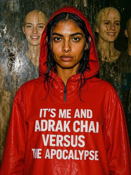 A woman in a red raincoat that says 'IT'S ME AND ADRAK CHAI VERSUS THE APOCALYPSE'. Part of my 'Rainquotes' series, which uses fashion and humor to comment on surviving the everyday chaos of urban life.