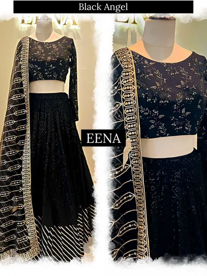 There’s a reason it’s called black beauty. This stunning black lehenga features a tiered skirt with a mix of sequin and striped fabrics, paired with a full-sleeve blouse and an embroidered net dupatta for a glamorous look.