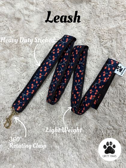 This annotated image details the features of my standard leash. It's lightweight but heavy-duty stitched, with a 360-degree rotating clasp to prevent tangling.