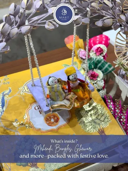 A closer look at what's inside my Teej hamper: Mehendi, Bangles, Ghewar, and more. It's all packed with festive love and attention to detail.