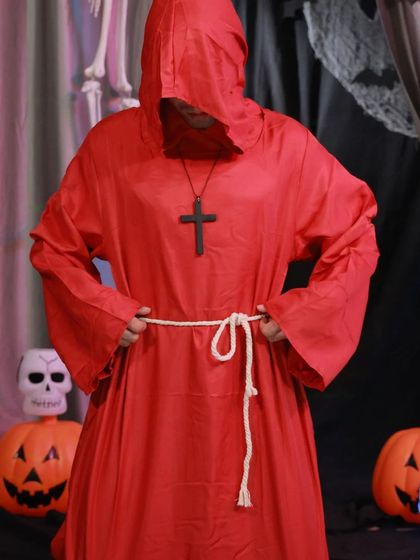 This hooded red robe costume is perfect for a variety of spooky characters. Whether you're a mysterious cultist or a sinister monk, this simple outfit is a great base for a creepy Halloween look.