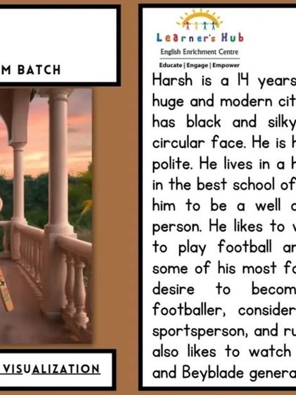 Here is a wonderful character sketch written by Darsh, a Grade 6 student. He has created a vivid picture of a 14-year-old boy named Harsh, detailing his appearance, personality, and hobbies, showing a great grasp of descriptive writing.