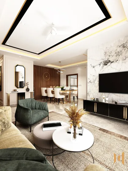 An open-plan living and dining area where a black and gold false ceiling design complements the Italian marble floors and fluted wood accent walls.
