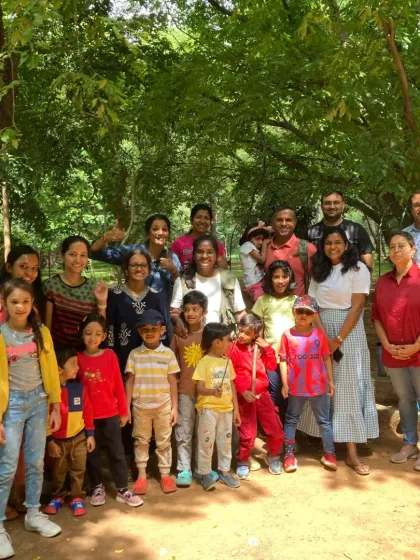A happy group photo from our "Story Time in Nature" session. Every month, we bring a new tale to life under the trees, sparking wonder and laughter.
