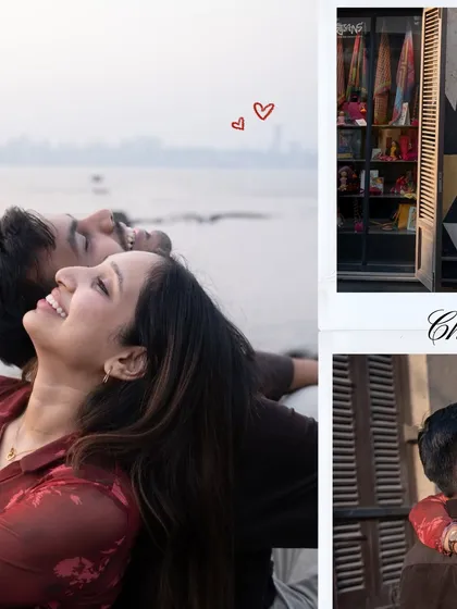A creative collage capturing romantic moments from a Mumbai pre-wedding shoot, from a quiet moment by the sea to exploring the city's charming lanes.